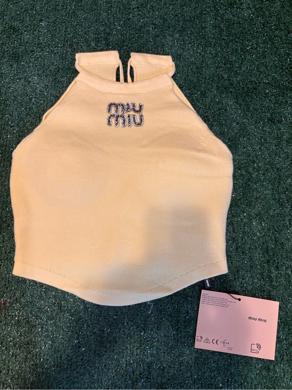 Miu Miu Cream Halter Knit Camisole with Crystal Logo SIZE M